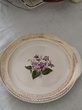 Vtg Cunningham & Pickett Handled Cake Plate Spring Violet 22K Gold Trim 11"x10"